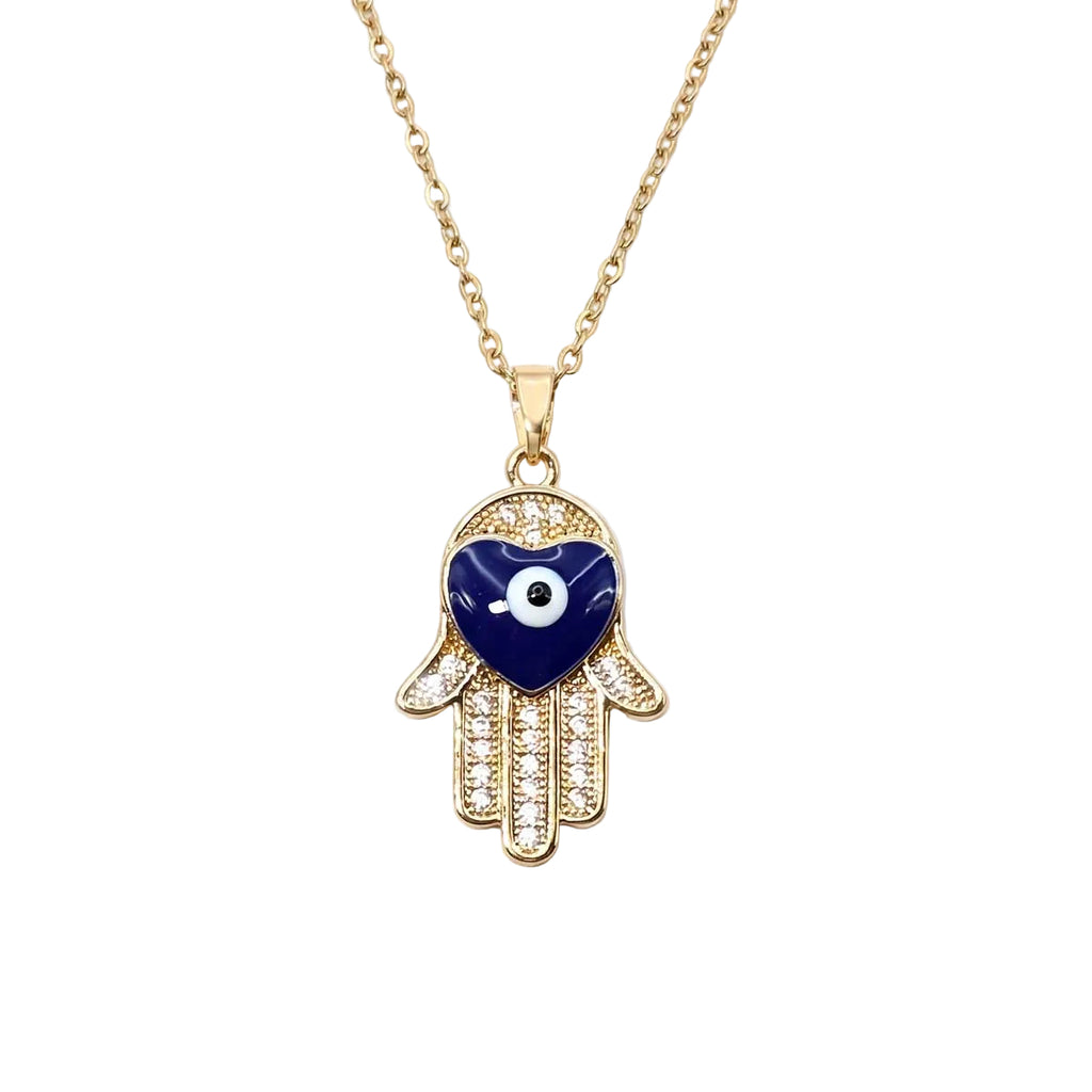 Goldfarbene Edelstahl-Halskette für Damen mit einer hängenden Hand der Fatima, besetzt mit blauem Herz und Zirkonia, Hauptfoto.