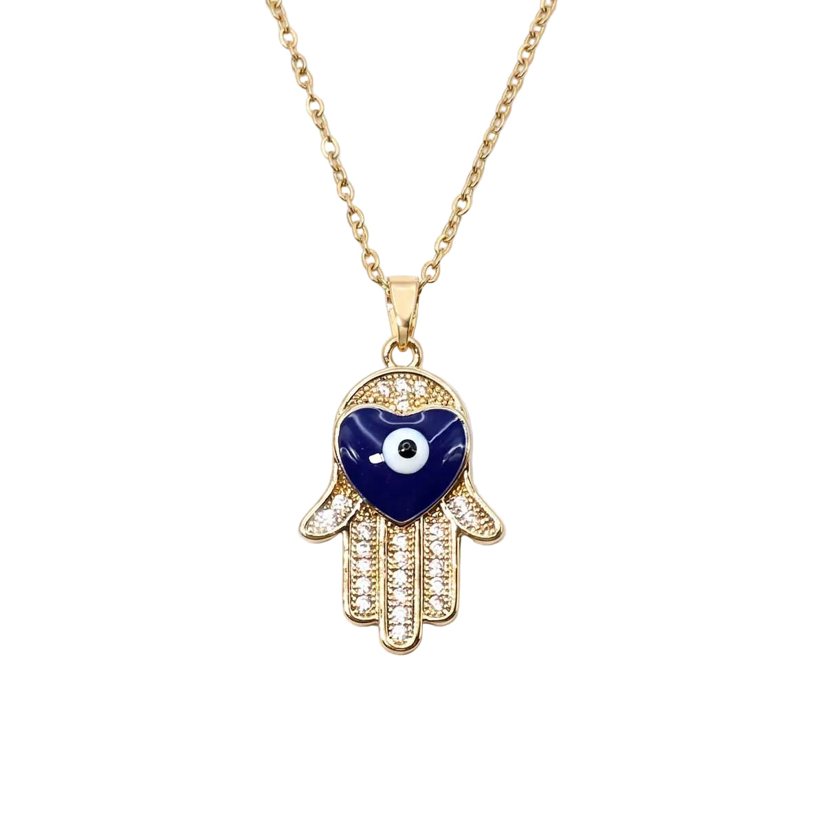 Goldfarbene Edelstahl-Halskette für Damen mit einer hängenden Hand der Fatima, besetzt mit blauem Herz und Zirkonia, Hauptfoto.