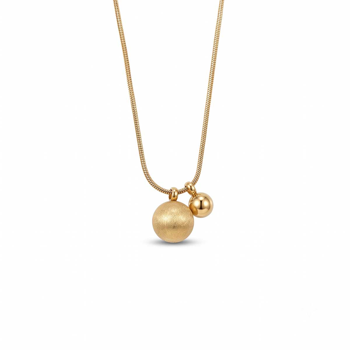 Goldfarbene Damen-Halskette aus Edelstahl an feiner Schlangenkette mit zwei unterschiedlich großen, matt strukturierten Kugeln, Hauptfoto