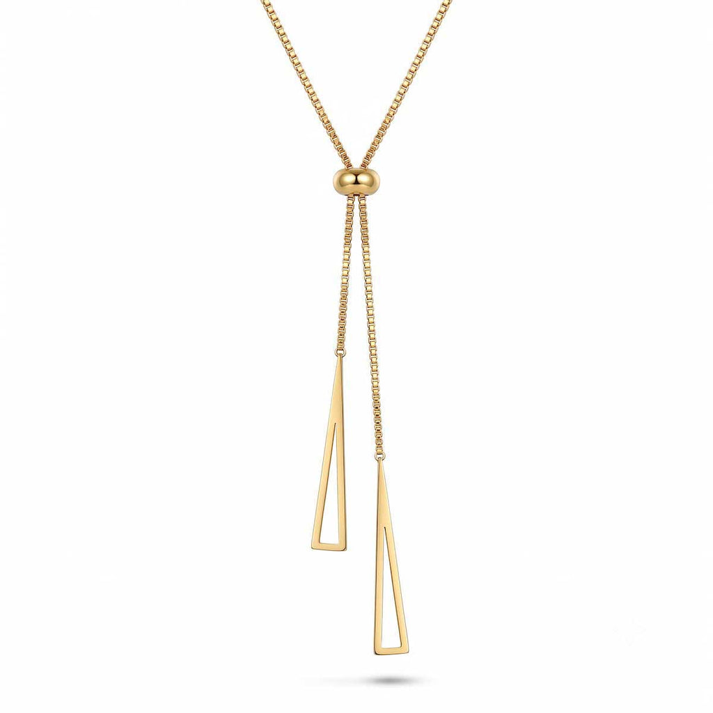 Goldfarbene Damen-Halskette aus Edelstahl im minimalistischen Y-Design mit verstellbarer Perle und zwei hängenden, geometrischen Dreiecks-Elementen, Hauptfoto