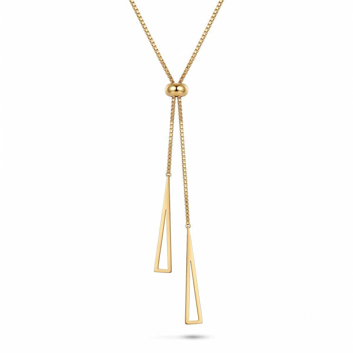 Goldfarbene Damen-Halskette aus Edelstahl im minimalistischen Y-Design mit verstellbarer Perle und zwei hängenden, geometrischen Dreiecks-Elementen, Hauptfoto