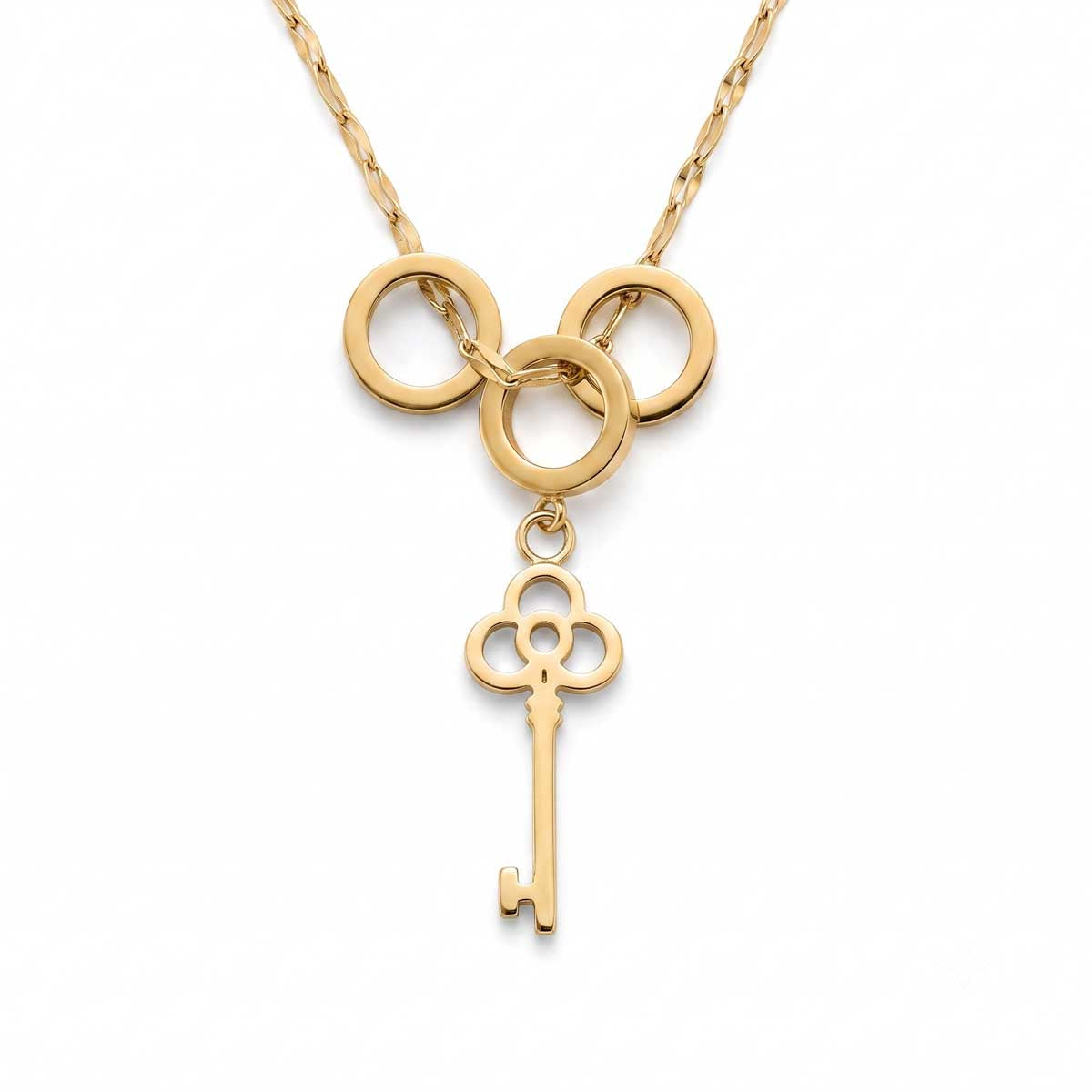 Goldfarbene Damen-Halskette aus Edelstahl im Y-Design mit drei ineinandergreifenden Ringen und einem filigranen Schlüssel-Anhänger, Hauptfoto