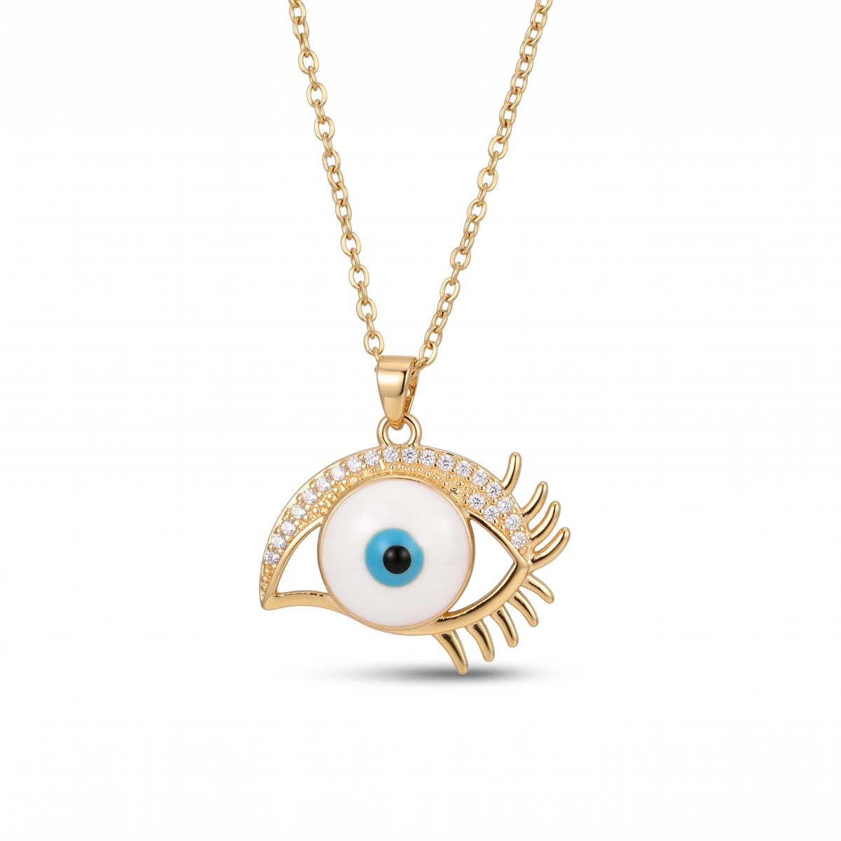 Goldfarbene Edelstahl-Halskette für Damen mit einem auffälligen Auge-Anhänger im Nazar-Design mit langen Wimpern und hellem Inlay, Hauptfoto