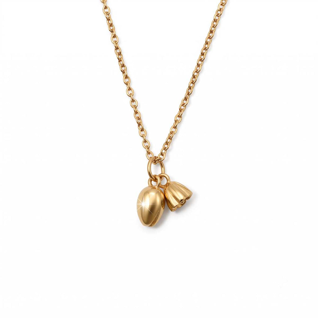 Goldfarbene Damen-Halskette aus Edelstahl mit zwei kleinen, hängenden Anhängern in Form von zarten Lotus- oder Blütenknospen, Hauptfoto