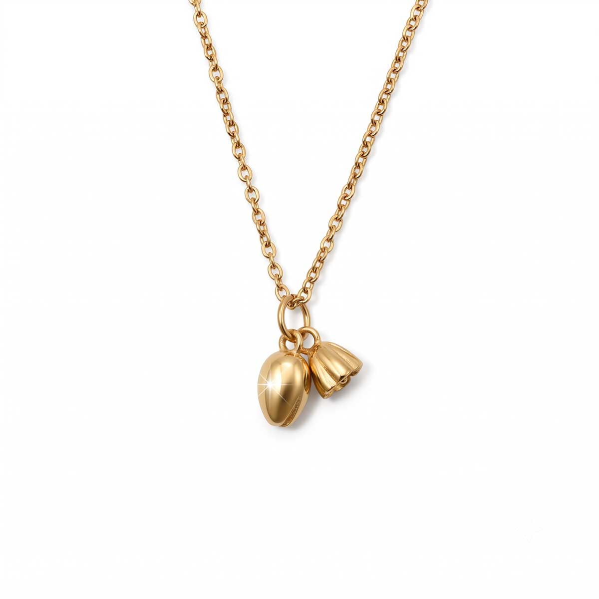 Goldfarbene Damen-Halskette aus Edelstahl mit zwei kleinen, hängenden Anhängern in Form von zarten Lotus- oder Blütenknospen, Hauptfoto