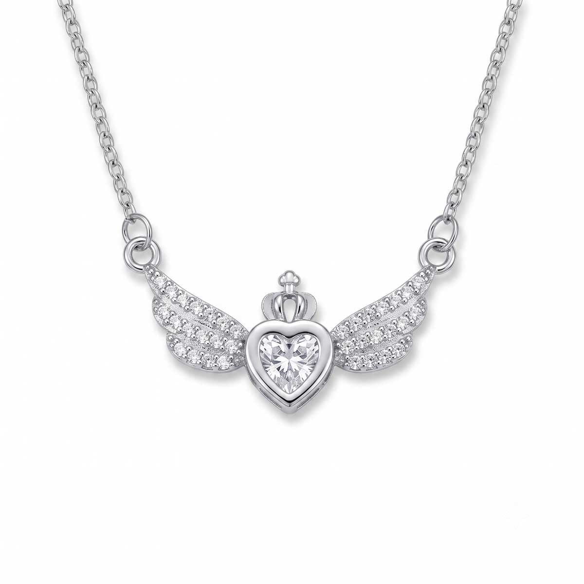 Silberfarbene Edelstahl-Halskette für Damen im Collier-Stil mit einem zentralen Herz-Zirkonia, umrahmt von weit ausgestreckten Engelsflügeln, Hauptfoto.