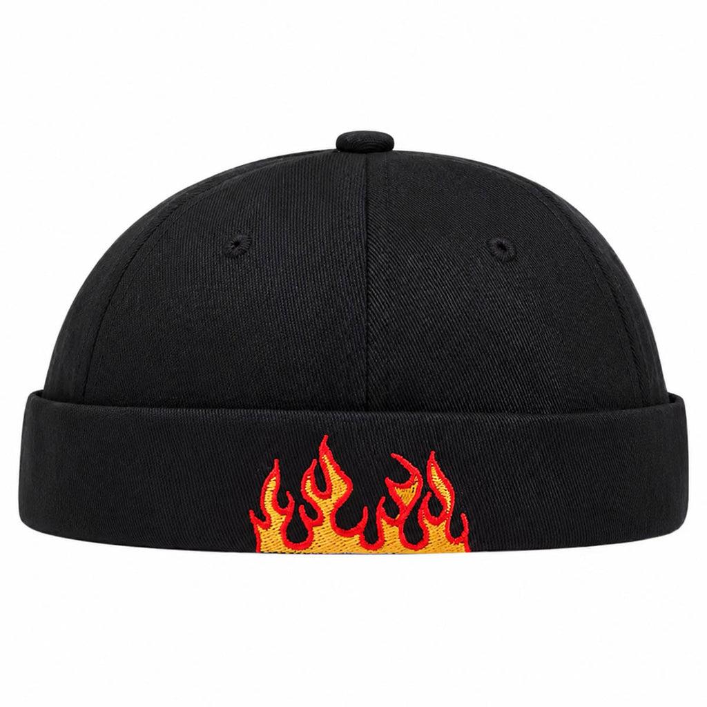 Schwarze Docker Cap mit Flammen-Stickerei – Trendige Hafenmütze Unisex
