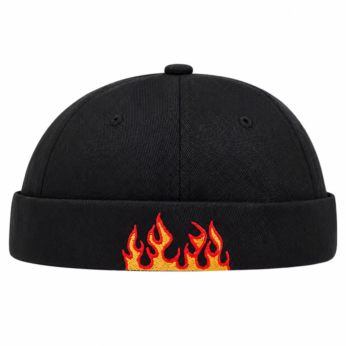 Schwarze Docker Cap mit Flammen-Stickerei – Trendige Hafenmütze Unisex