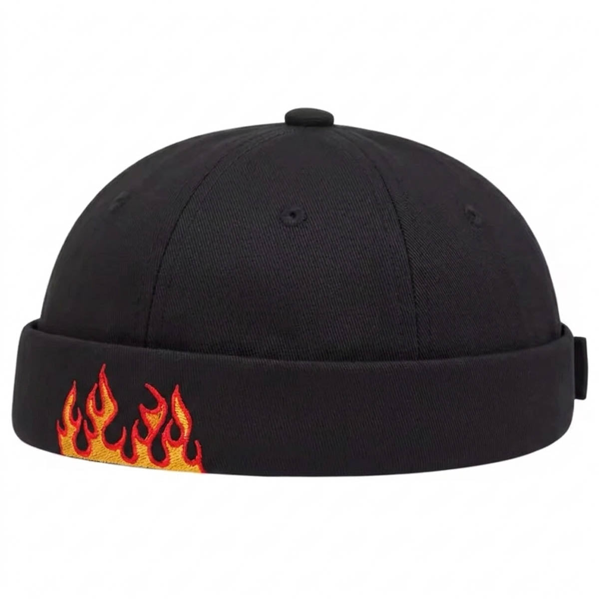 Schwarze Docker Cap mit Flammen-Stickerei – Trendige Hafenmütze Unisex