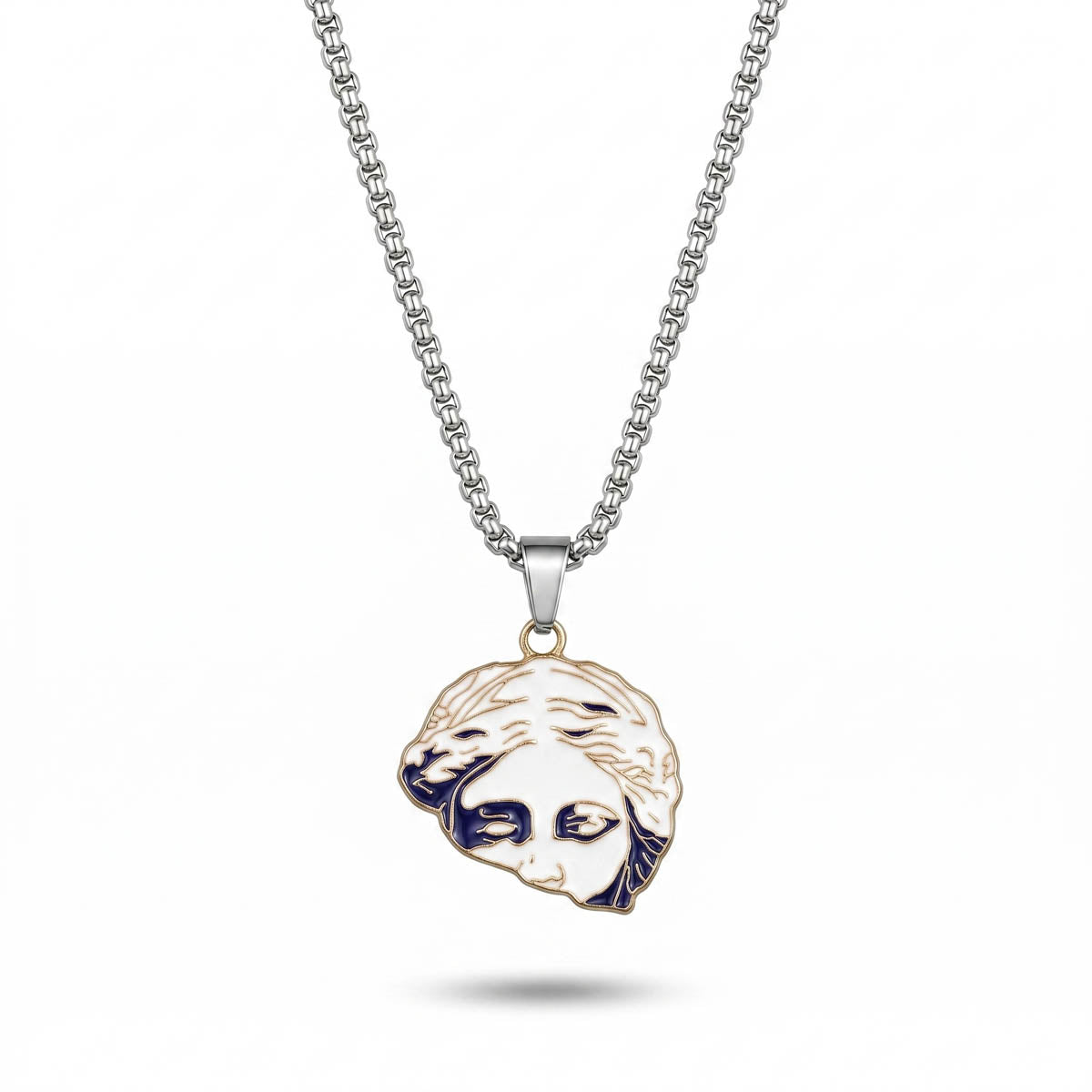 Herren-Kette aus Edelstahl in Silber mit einem runden Anhänger im antiken Porträt-Design, Hauptfoto.