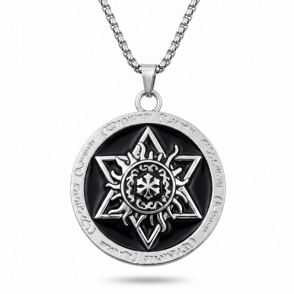 Herren-Halskette aus Edelstahl in Silber mit rundem Siegel-Anhänger, Hexagramm und Sonnen-Symbol, Hauptfoto.