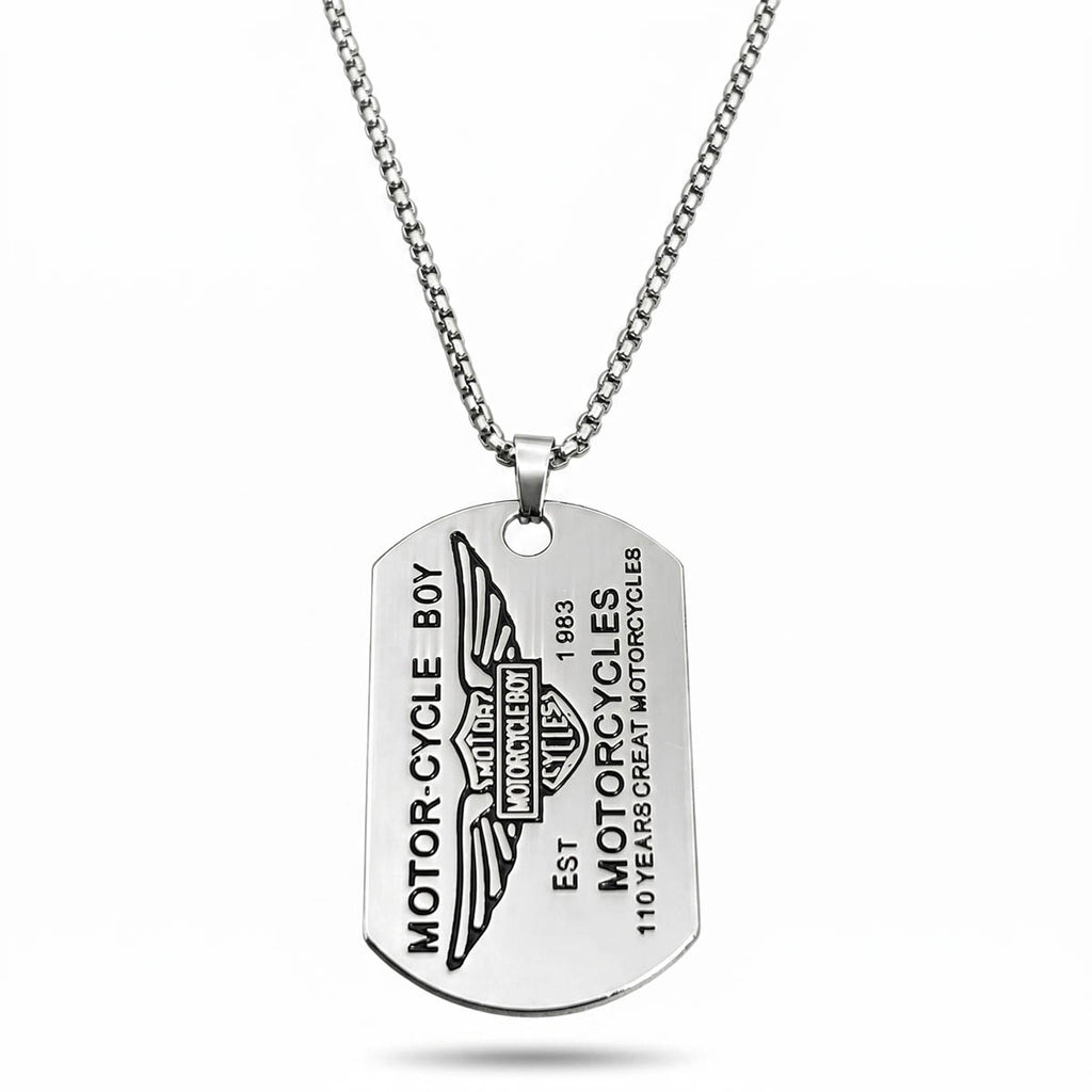 Silberfarbene Edelstahl Herrenkette mit graviertem Dog-Tag-Anhänger im Biker-Stil, Hauptfoto