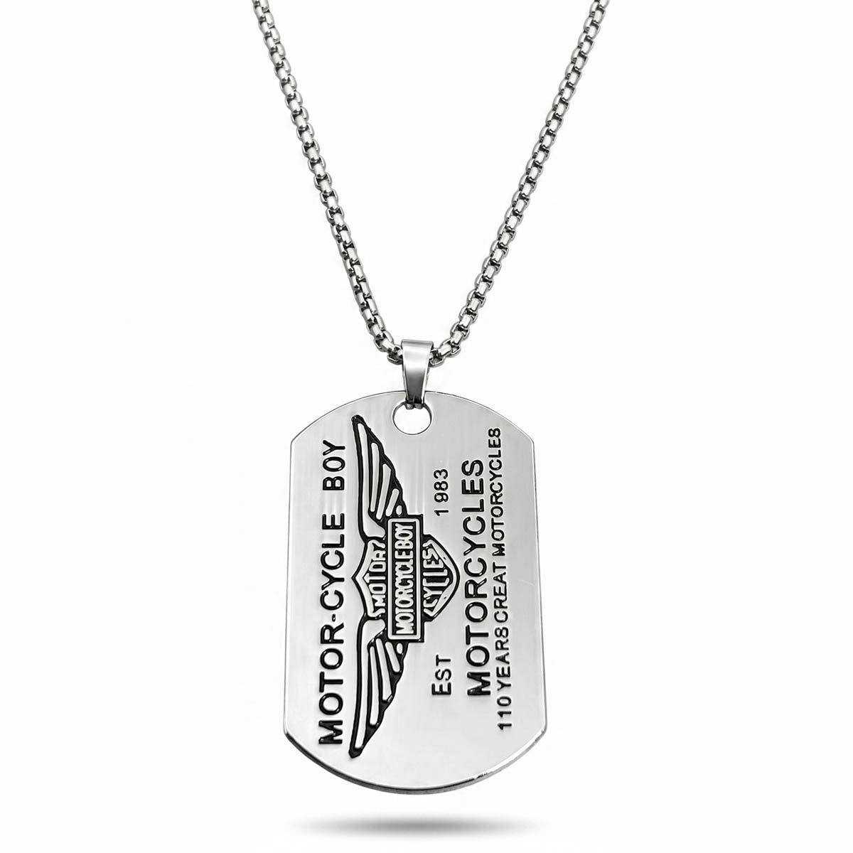 Silberfarbene Edelstahl Herrenkette mit graviertem Dog-Tag-Anhänger im Biker-Stil, Hauptfoto
