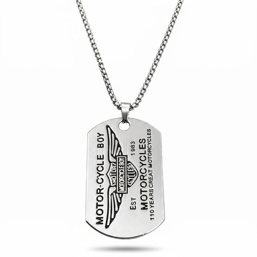 Silberfarbene Edelstahl Herrenkette mit graviertem Dog-Tag-Anhänger im Biker-Stil, Hauptfoto