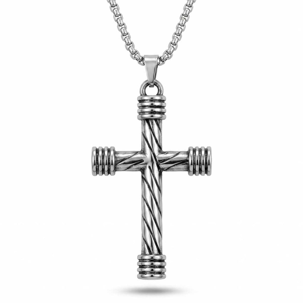 Silberfarbene Herren-Halskette aus Edelstahl mit einem modernen Kreuz-Anhänger aus strukturierten Rundstäben, Hauptfoto