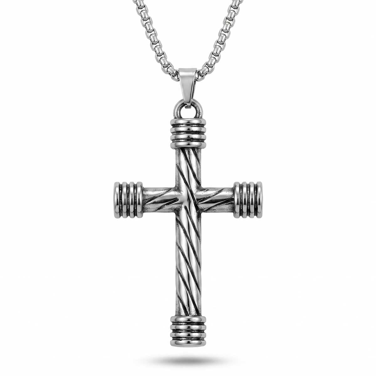 Silberfarbene Herren-Halskette aus Edelstahl mit einem modernen Kreuz-Anhänger aus strukturierten Rundstäben, Hauptfoto