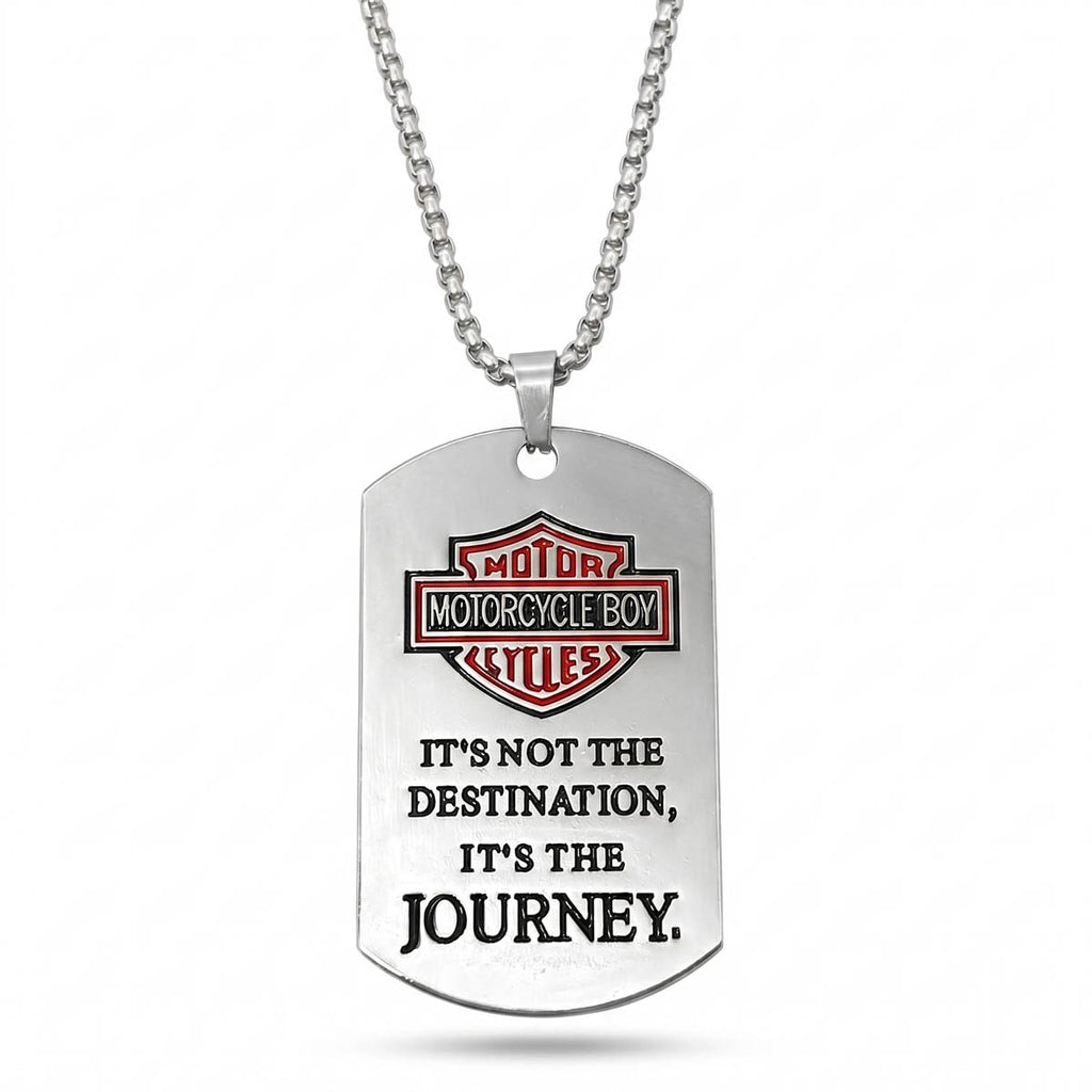 Silberfarbene Herren-Halskette mit graviertem Biker-Dog-Tag-Anhänger und rotem Logo-Akzent aus Edelstahl, Hauptfoto