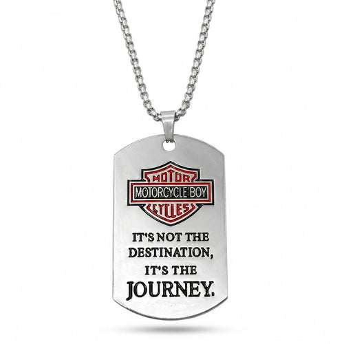 Silberfarbene Herren-Halskette mit graviertem Biker-Dog-Tag-Anhänger und rotem Logo-Akzent aus Edelstahl, Hauptfoto