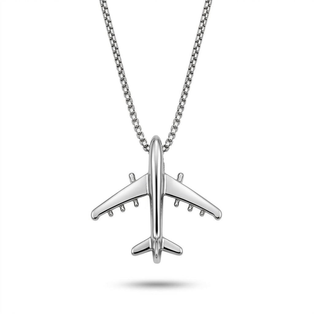 Herren-Halskette aus Edelstahl in Silber mit minimalistischem Flugzeug-Anhänger, Produktfoto.
