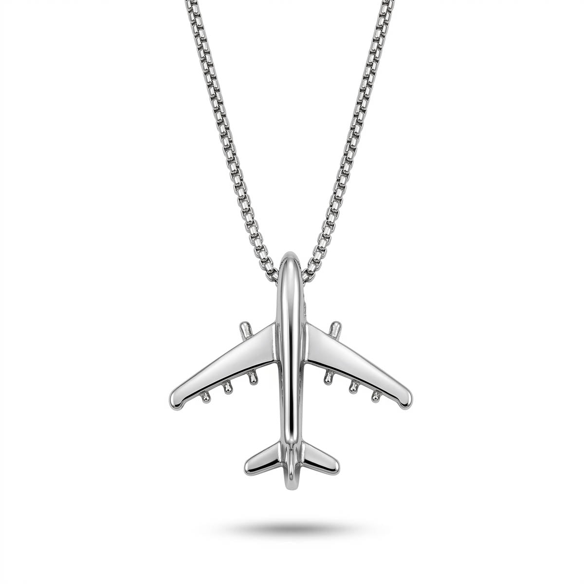 Herren-Halskette aus Edelstahl in Silber mit minimalistischem Flugzeug-Anhänger, Produktfoto.