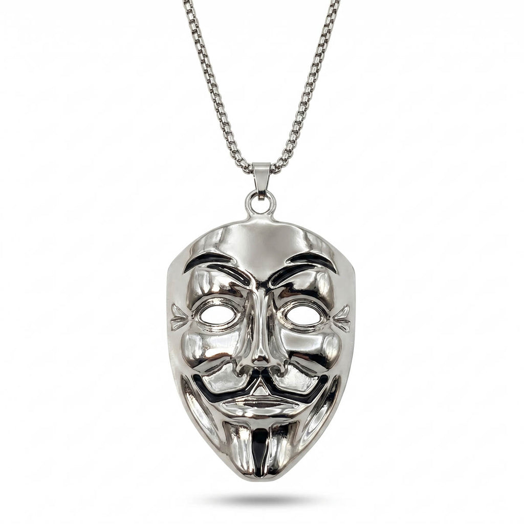Edelstahl Herrenkette in Silber mit glänzendem Anhänger im Design einer Maske, Hauptfoto