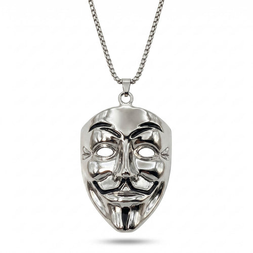 Edelstahl Herrenkette in Silber mit glänzendem Anhänger im Design einer Maske, Hauptfoto