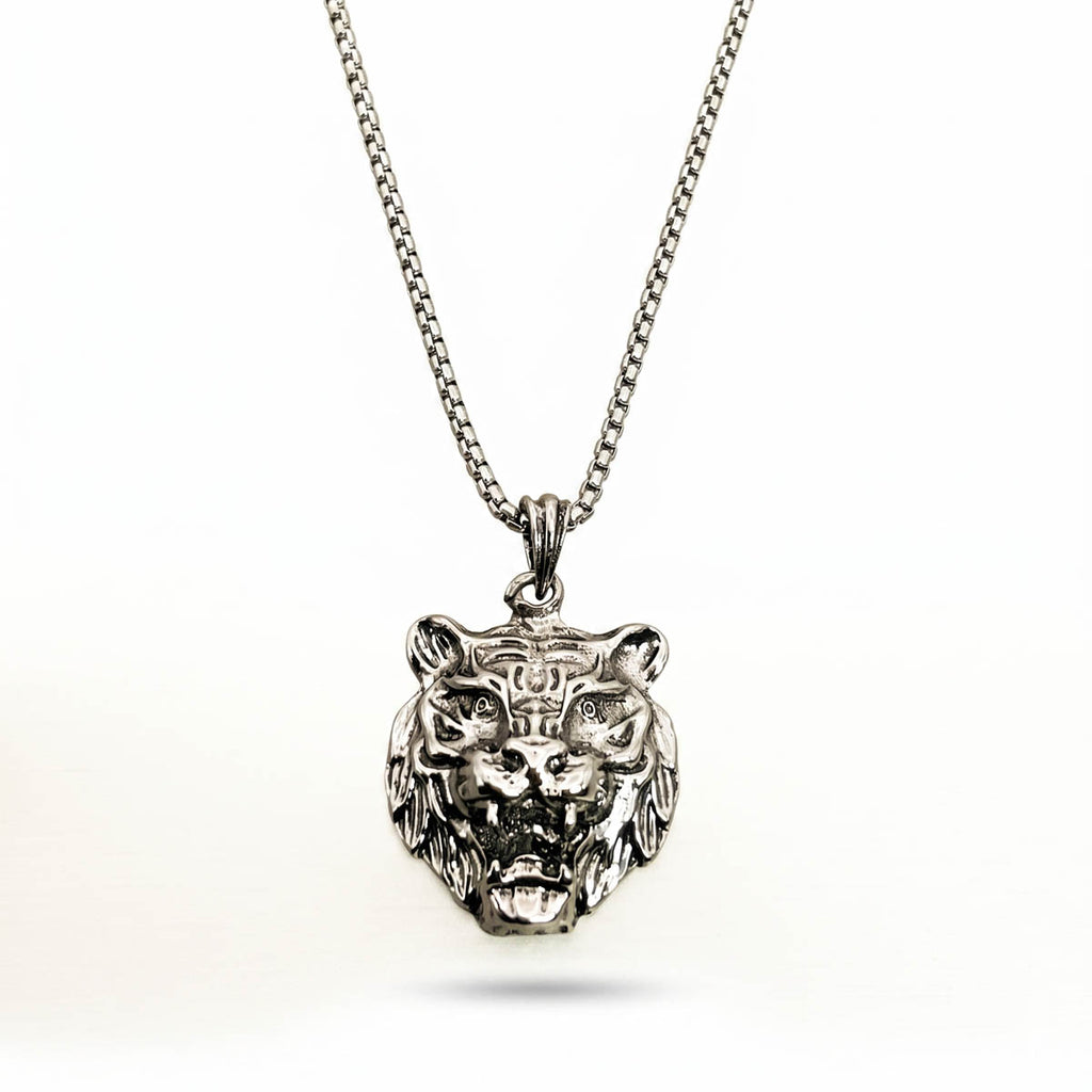 Edelstahl-Herrenkette in Silber mit massivem Tigerkopf-Anhänger im Vintage-Look, Hauptfoto