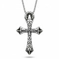 Silberfarbene Herren-Halskette aus Edelstahl mit einem verzierten ägyptischen Ankh-Kreuz-Anhänger samt Hieroglyphen-Struktur, Hauptfoto